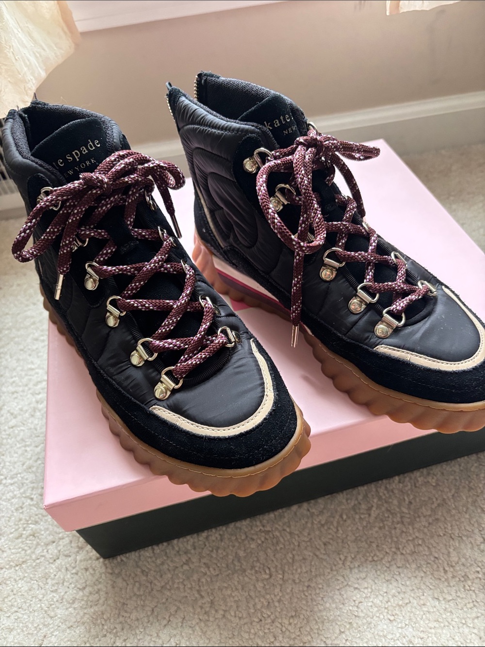 Kate Spade Black Lace-Up High-Top Boots with Burgundy Laces